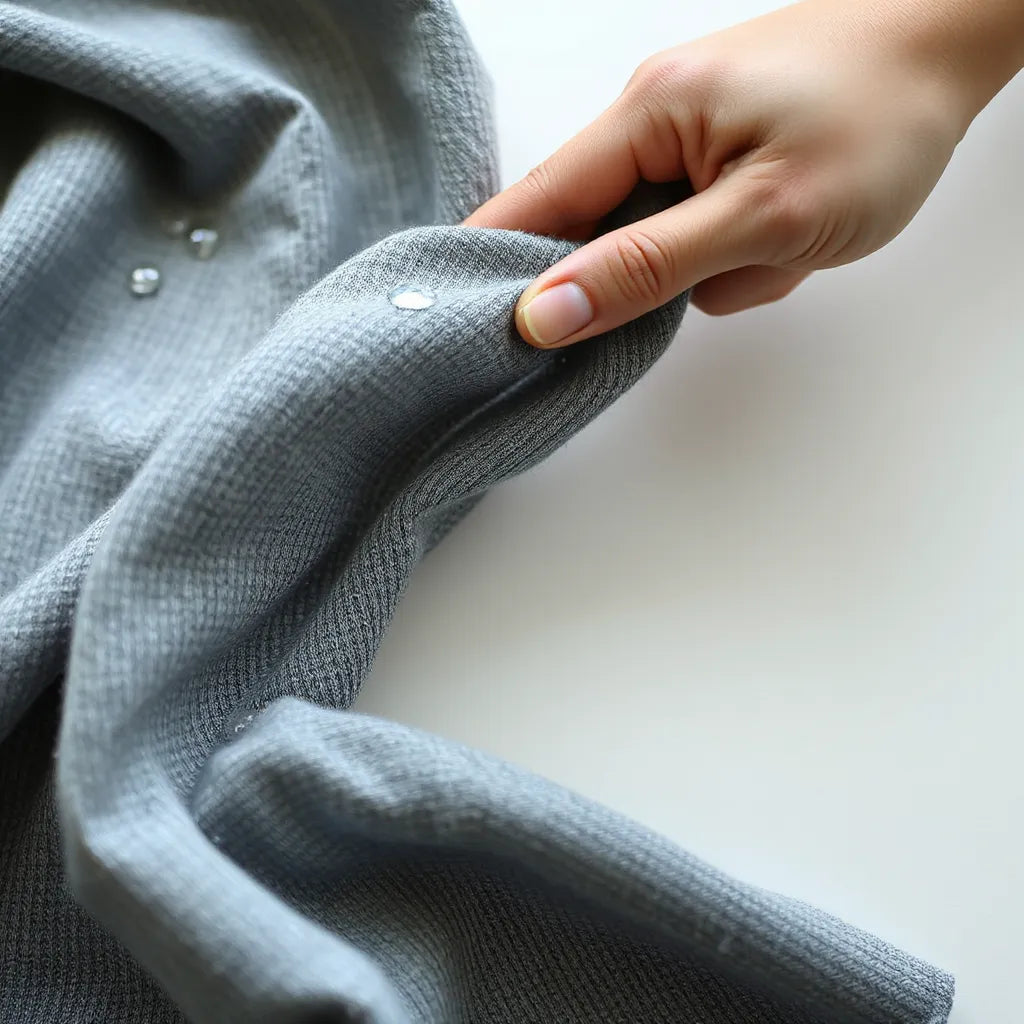 Performance fabric swatch with water droplets beading as the fibers wick moisture for faster drying