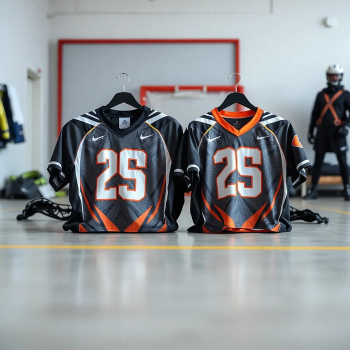 Neatly arranged sublimated practice jerseys on hangers showing fabric texture and pattern