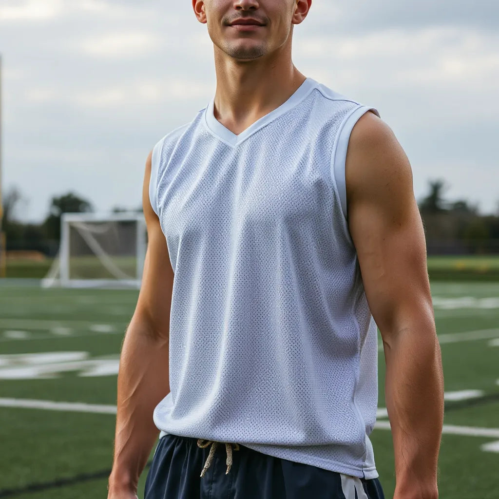 Athlete wearing a sleeveless lacrosse jersey with clear fabric texture and comfortable fit