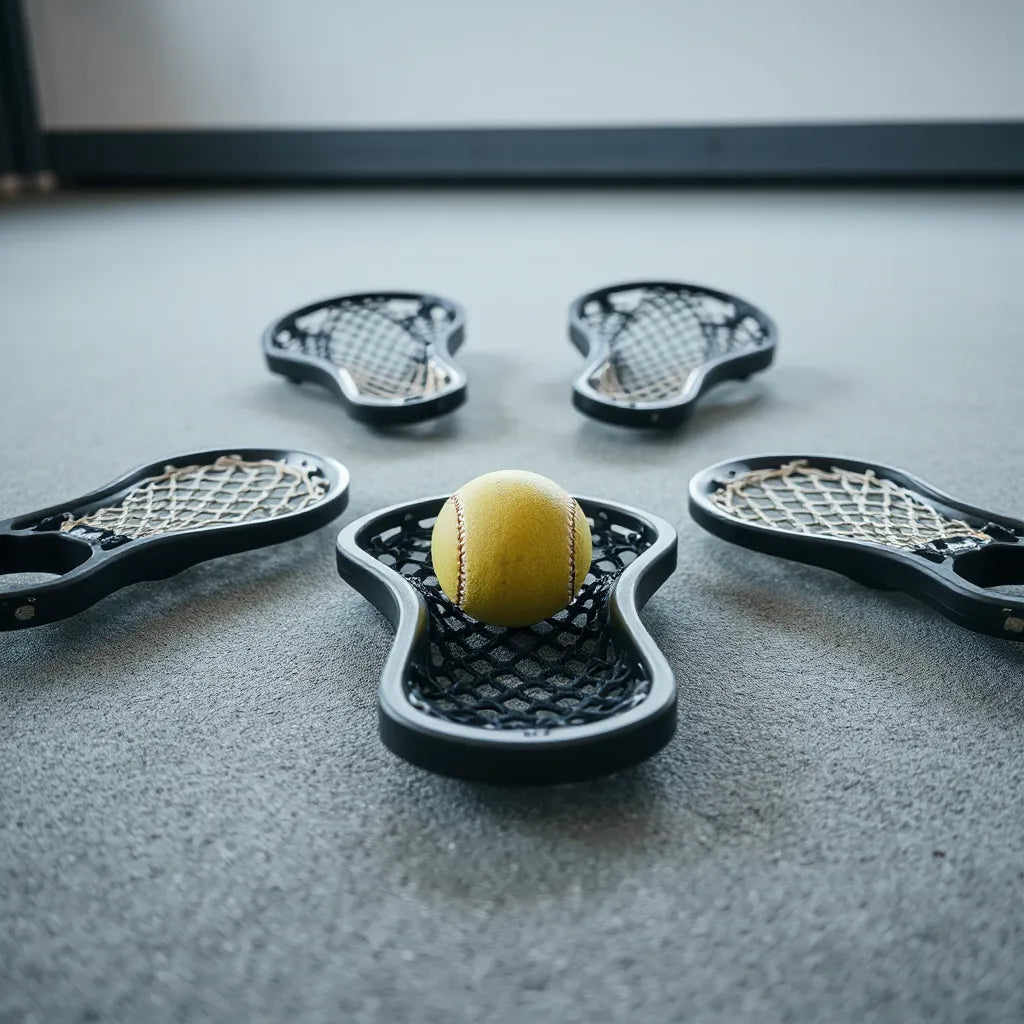 Assorted men’s lacrosse heads with different pocket styles on a training surface