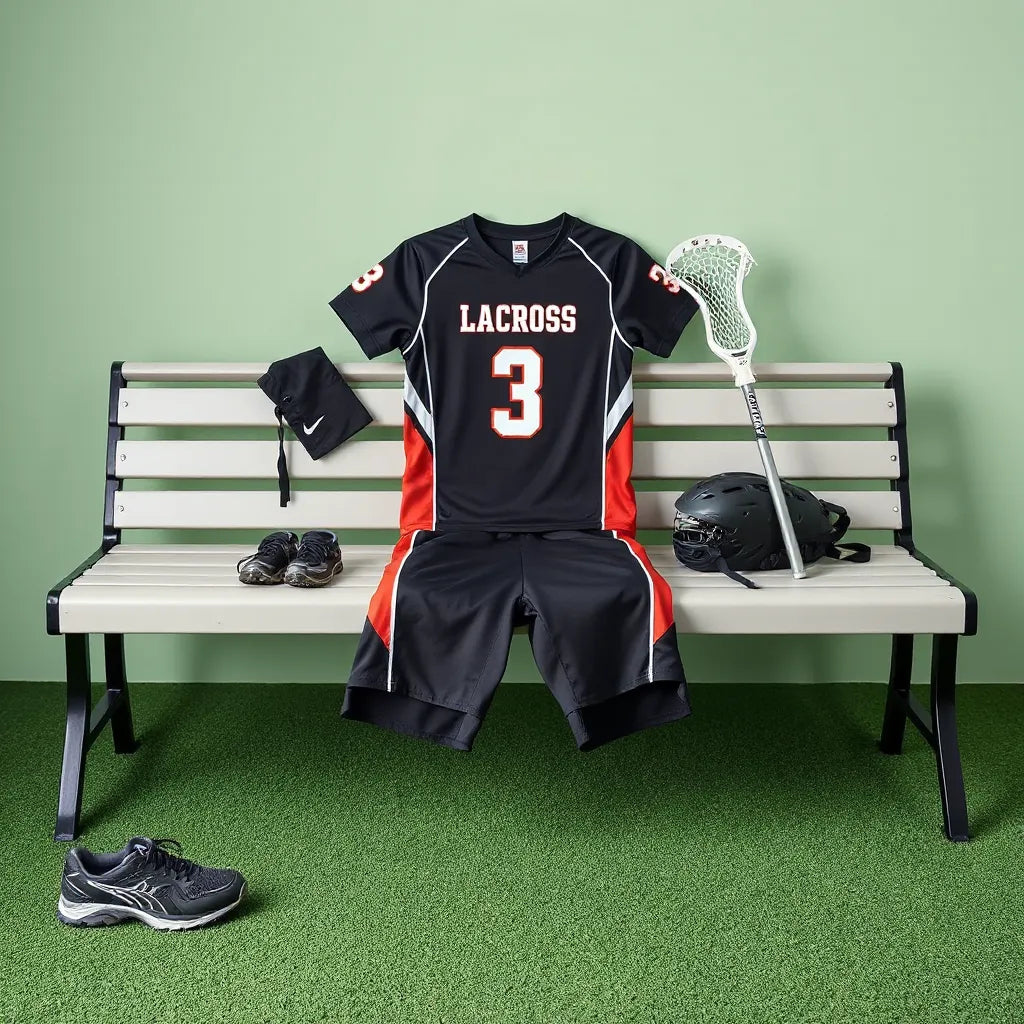 Neatly arranged high school lacrosse uniform pieces with a lacrosse stick nearby