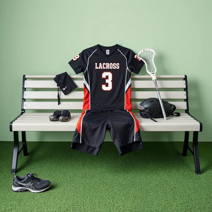 Neatly arranged high school lacrosse uniform pieces with a lacrosse stick nearby