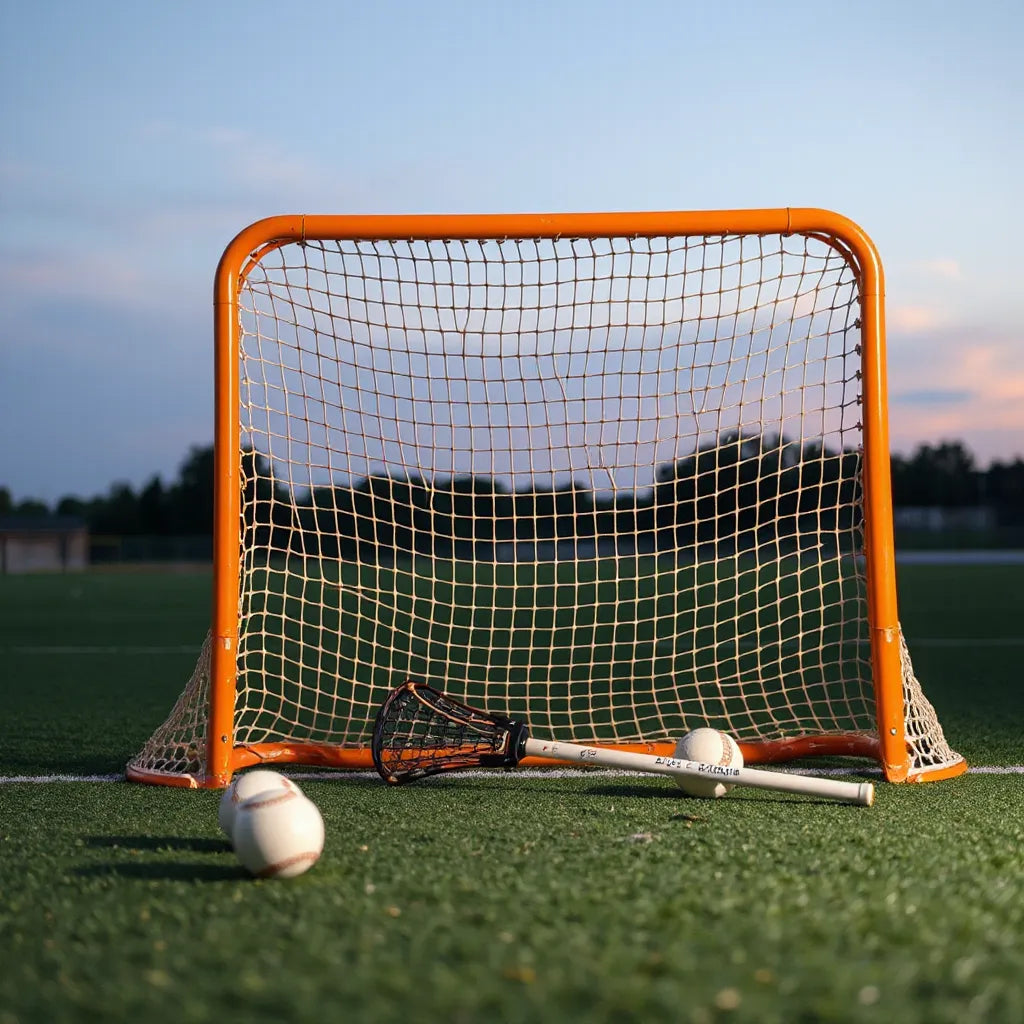 Regulation lacrosse goal on a practice field with netting, lacrosse stick, and balls nearby