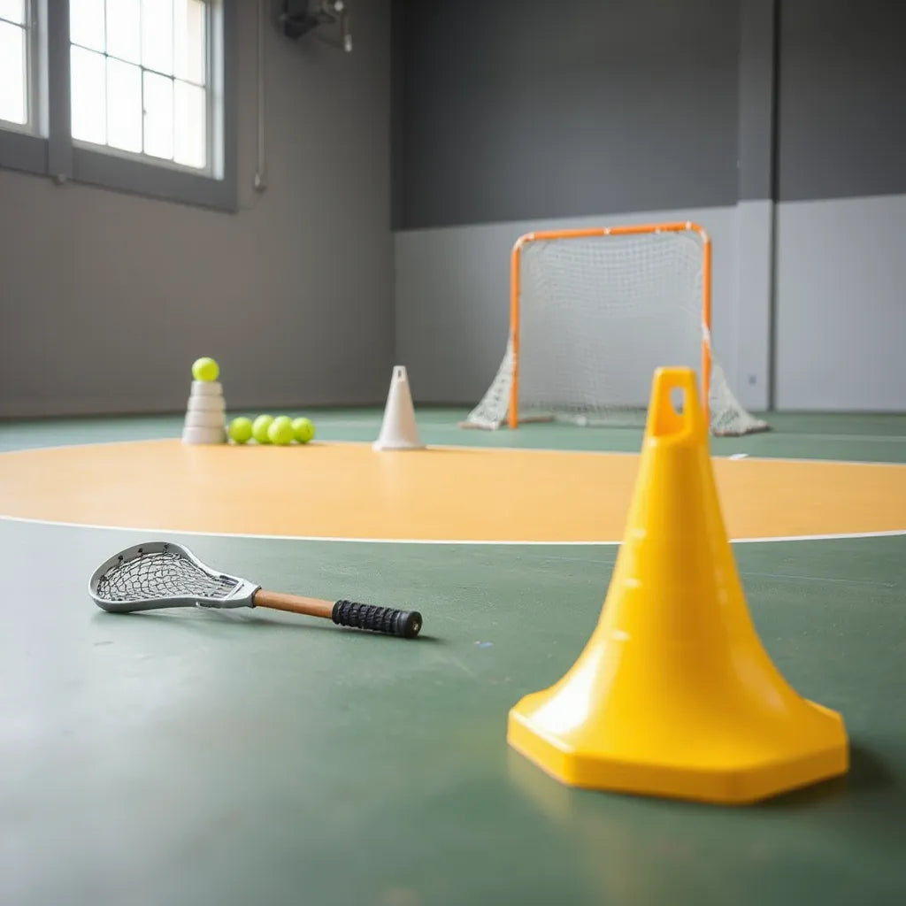 Lacrosse stick, training balls, rebounder net, and practice cones arranged for practice