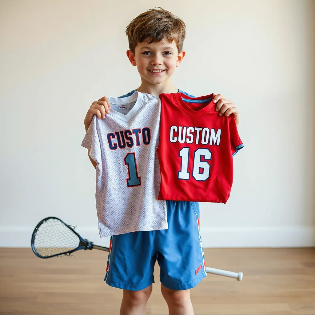 Youth lacrosse player holding custom team jerseys and shorts with a lacrosse stick nearby