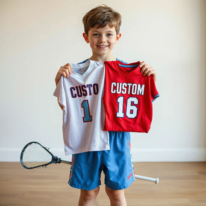Youth lacrosse player holding custom team jerseys and shorts with a lacrosse stick nearby