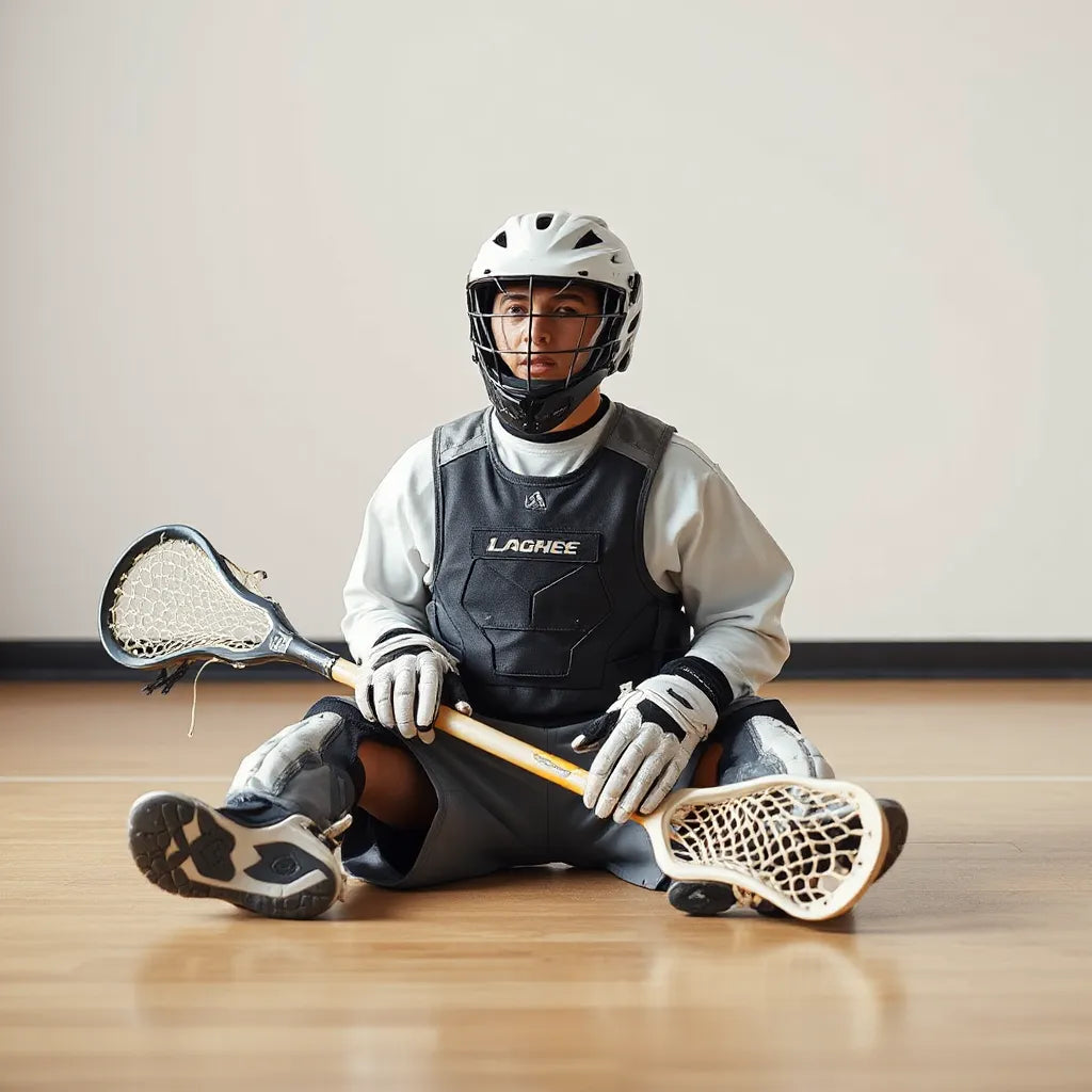 Lacrosse goalie helmet, pads, gloves, and stick laid out for a full gear setup