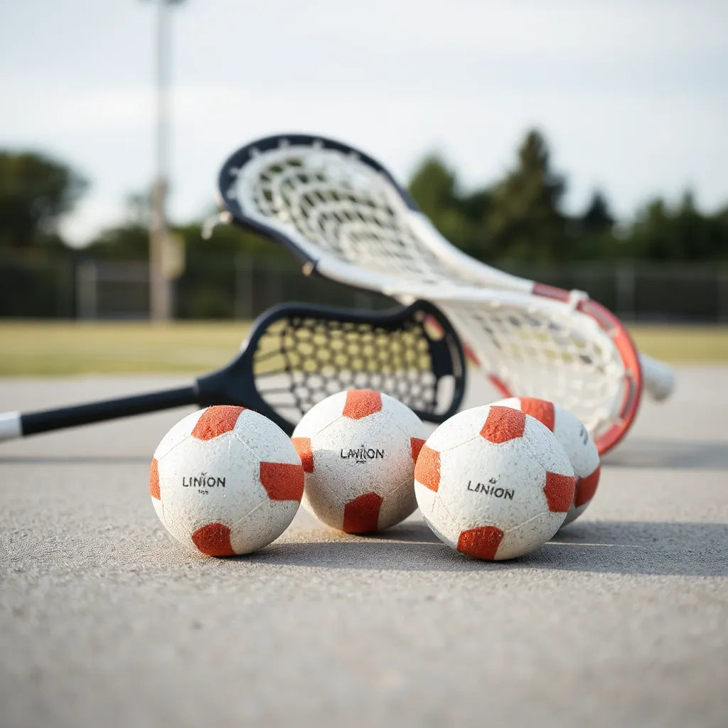 Union lacrosse balls with a lacrosse stick nearby on a sports field surface