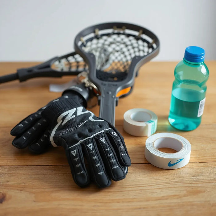 Lacrosse stick head and essentials like gloves, tape, and mouthguard arranged on a training table