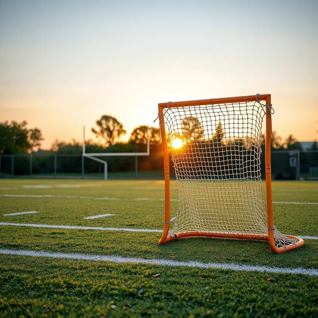 Field lacrosse goal with netting set on an outdoor turf field during golden-hour lighting