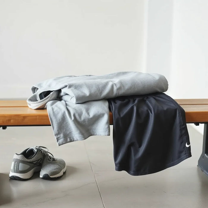 Folded performance polyester sportswear with jersey and shorts on a bench in a training setting