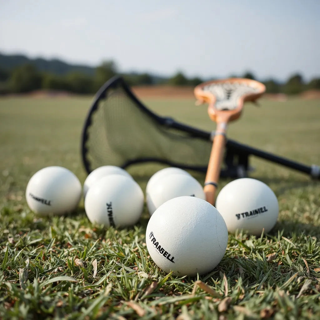 Lacrosse training balls on grass beside a lacrosse stick and a small mesh ball bag