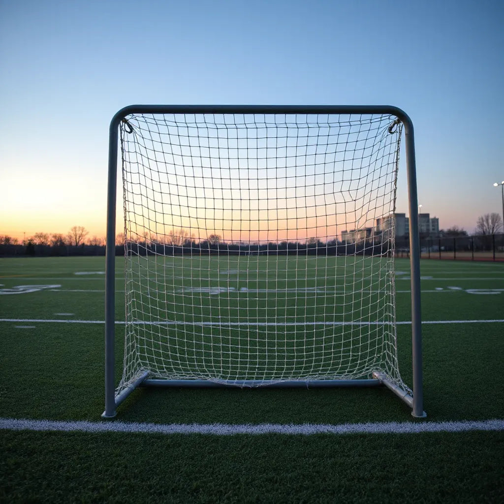 Regulation lacrosse goal with taut netting on a clean outdoor field for competitive play