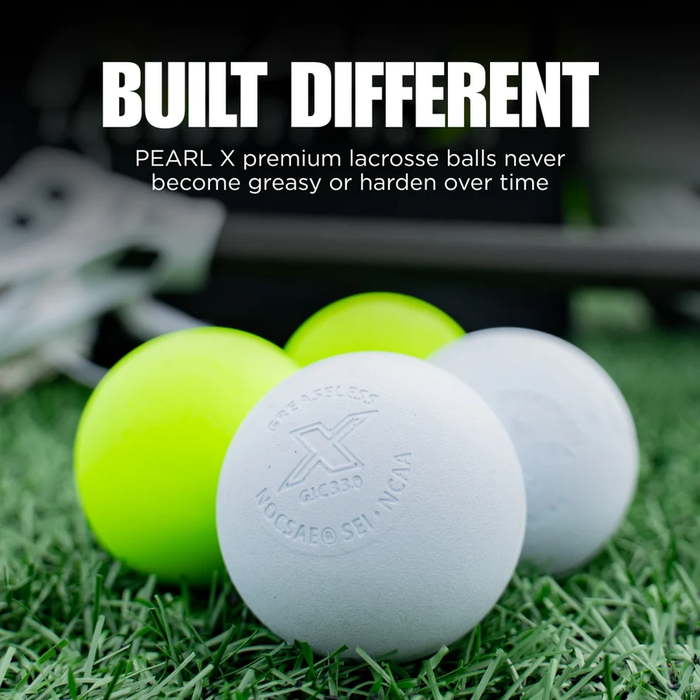 A case of 100 PEARL X Lacrosse Balls - Optic Yellow (Fluorescent Game Lacrosse Ball), White, Yellow, Orange