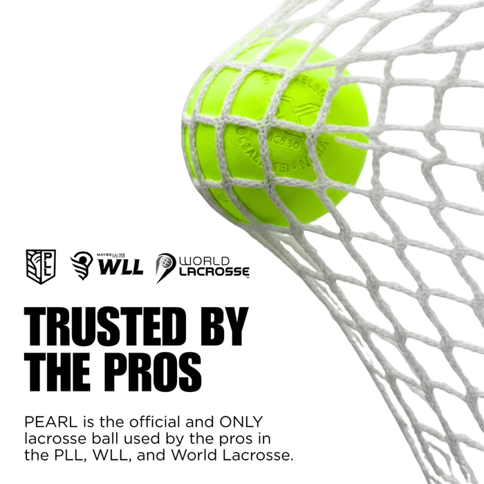 A case of 100 PEARL X Lacrosse Balls - Optic Yellow (Fluorescent Game Lacrosse Ball), White, Yellow, Orange