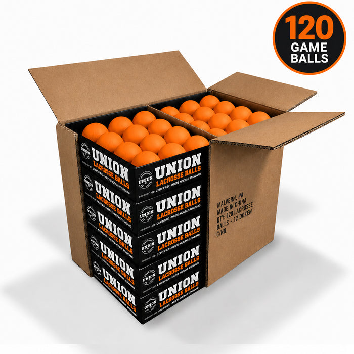 Case 120 Orange Union Lacrosse Balls - Meets NOCSAE Standard, SEI Certified, CLA Approved- Free Shipping on Pallet Orders