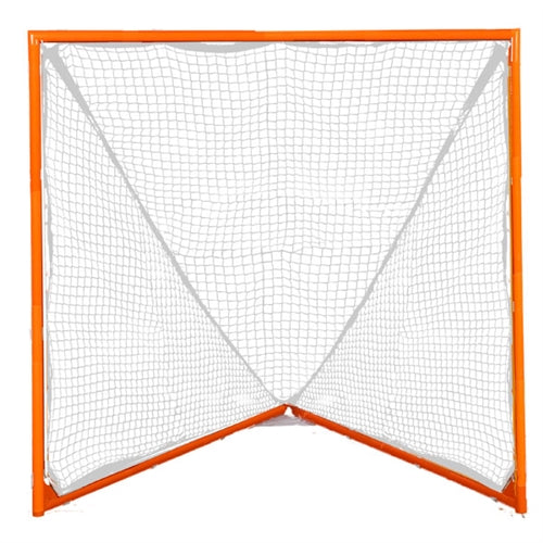 Front view of a single 6 feet by 6 feet high school lacrosse goal with orange frame and white net