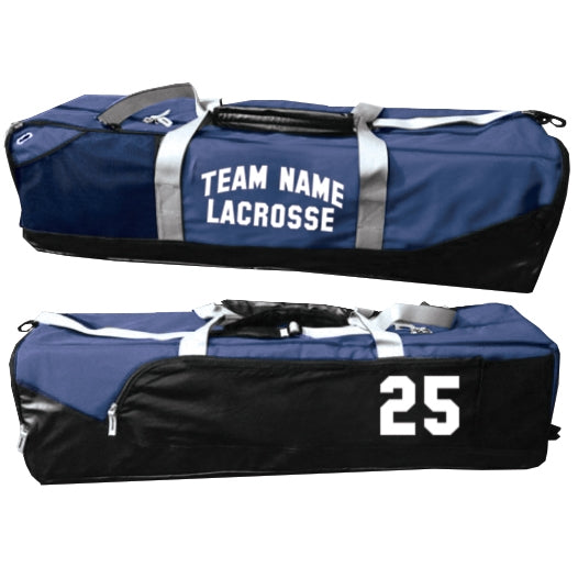 Custom Lacrosse Equipment Bag in navy blue with custom team name and padded ventilated stick compartment on one side and an extra vented pocket on the opposite side